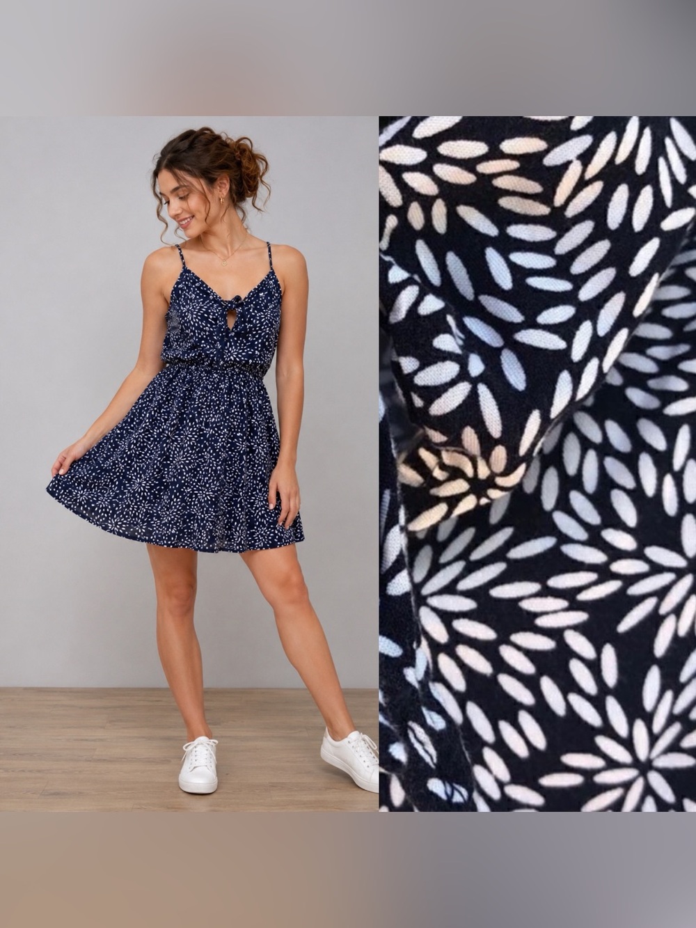 H&M Navy Floral Print Tie Front Sundress Mini Dress Spaghetti slip dress 10